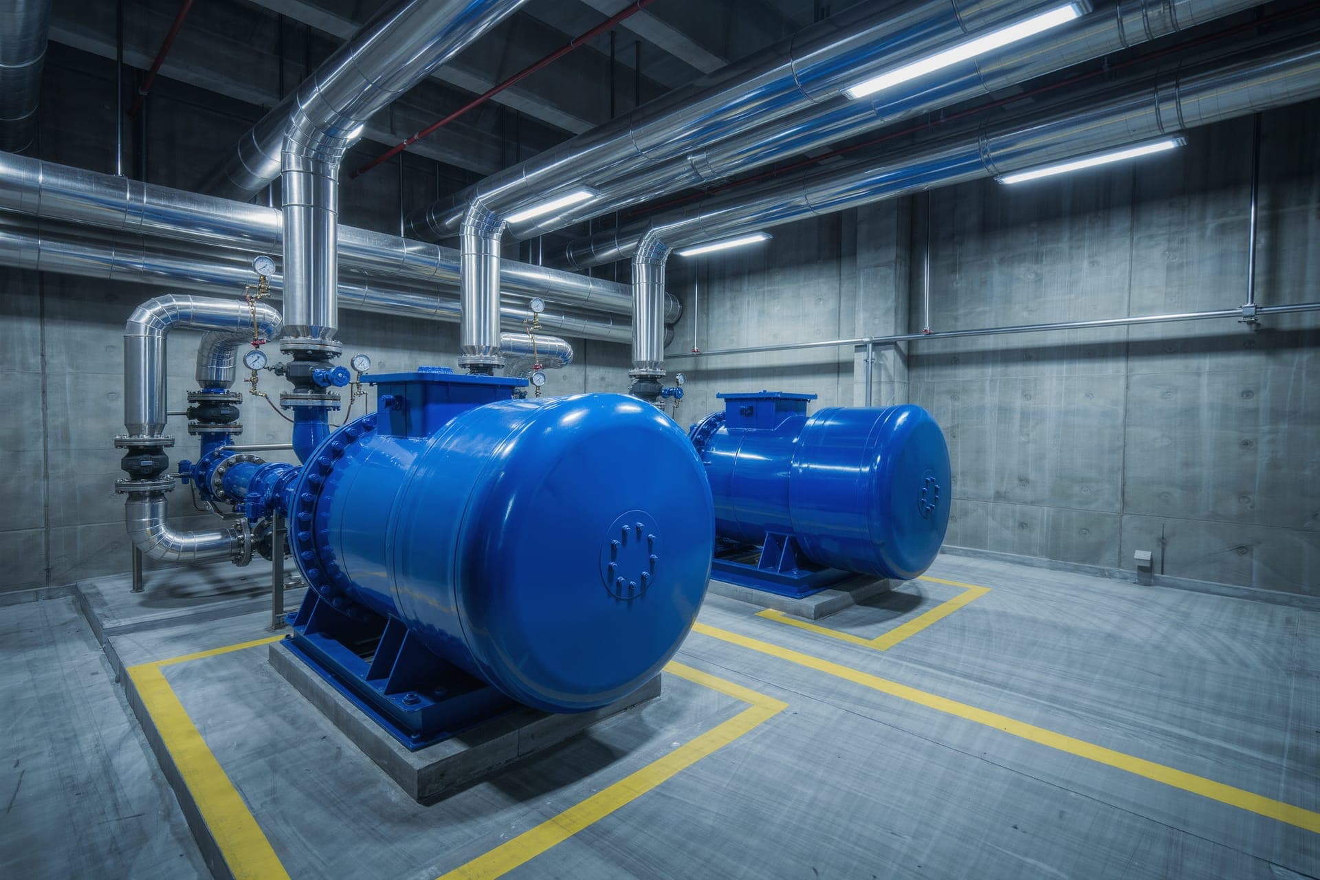 Commercial chiller plant room with large water chillers and polished pipework