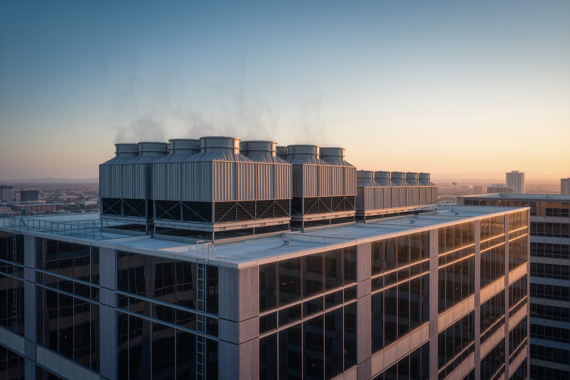 Rooftop cooling towers on a Phoenix commercial building