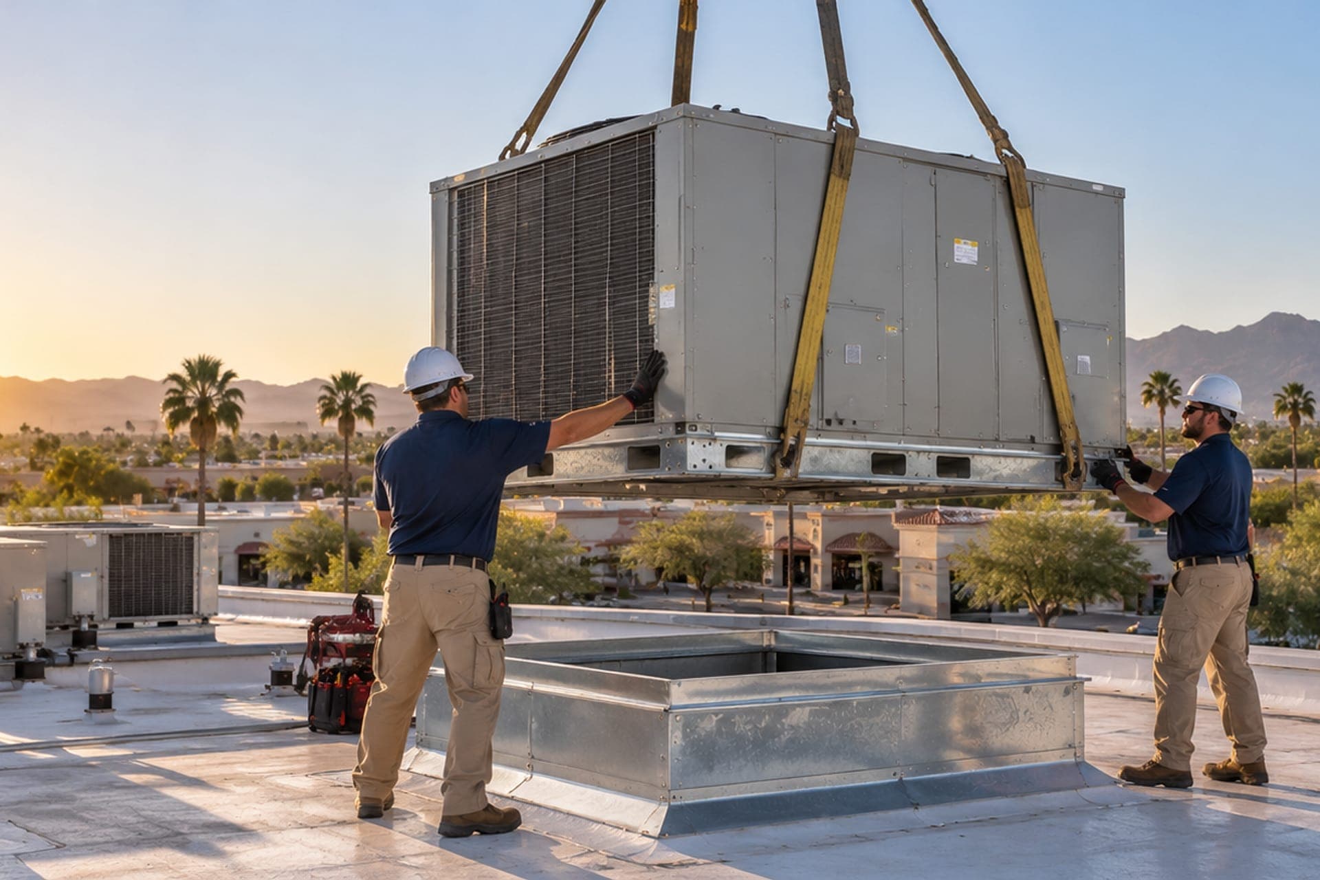 Bleuwave crew guiding a new rooftop unit onto its curb as a crane sets it at sunrise in Phoenix