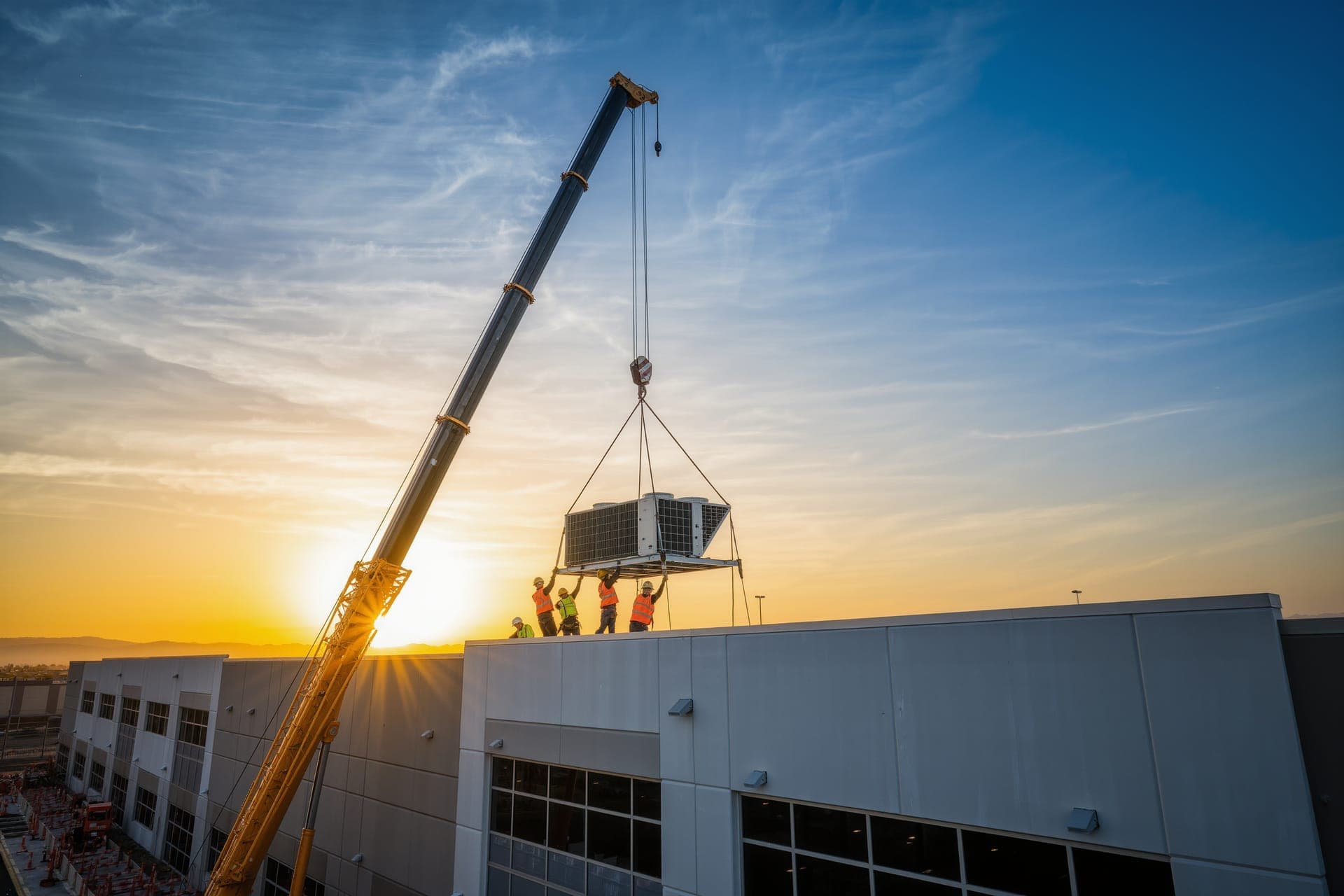 Commercial HVAC unit being craned into place — serving Tempe, AZ