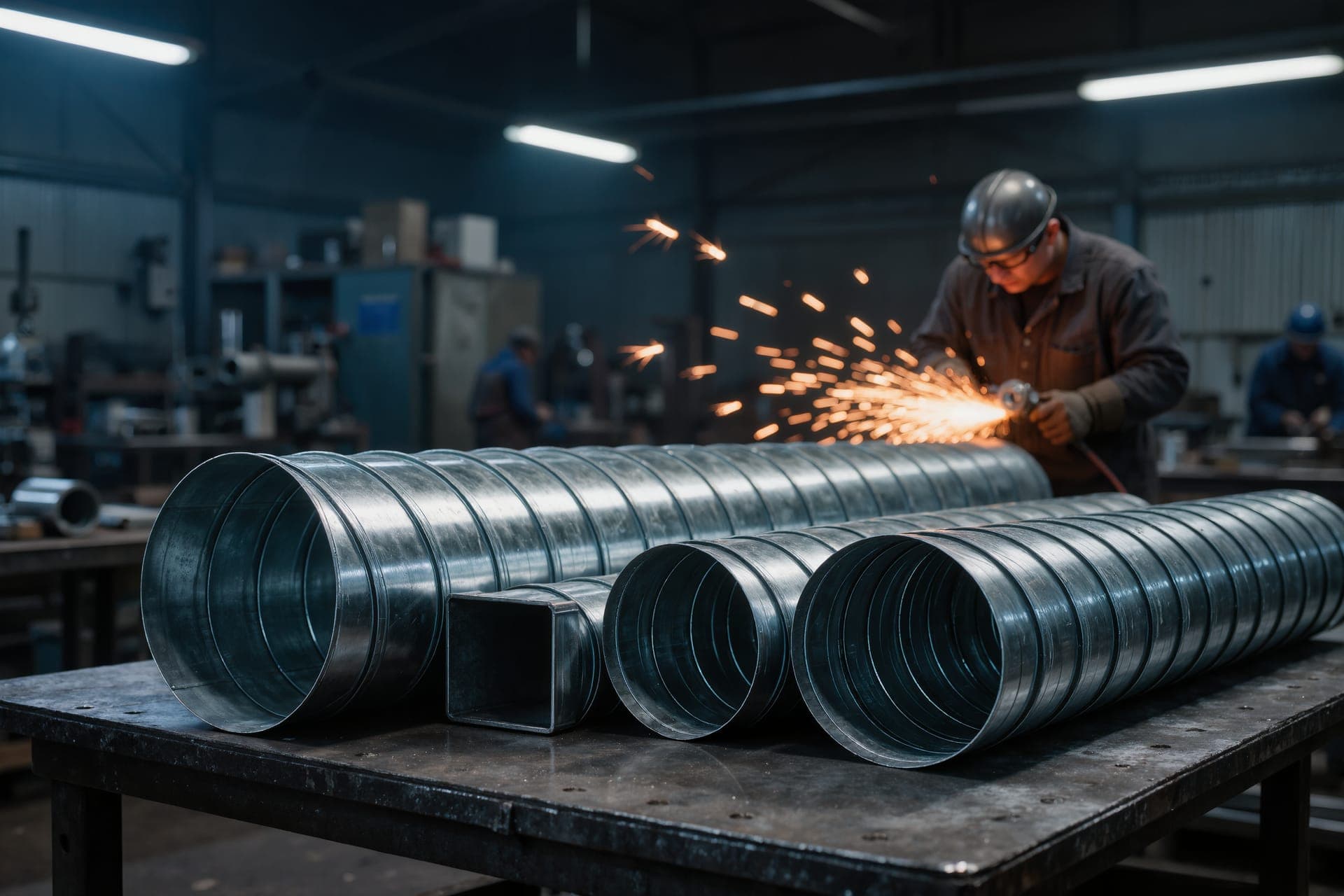 Galvanized spiral and rectangular duct in a sheet metal fabrication shop