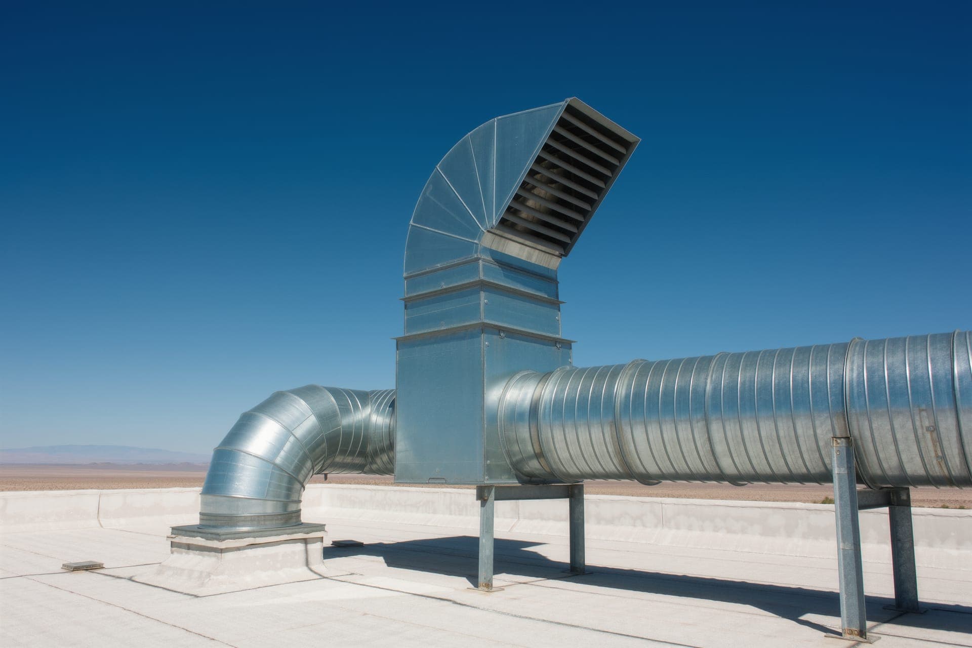 Welded stainless grease duct and upblast exhaust fan on a restaurant roof