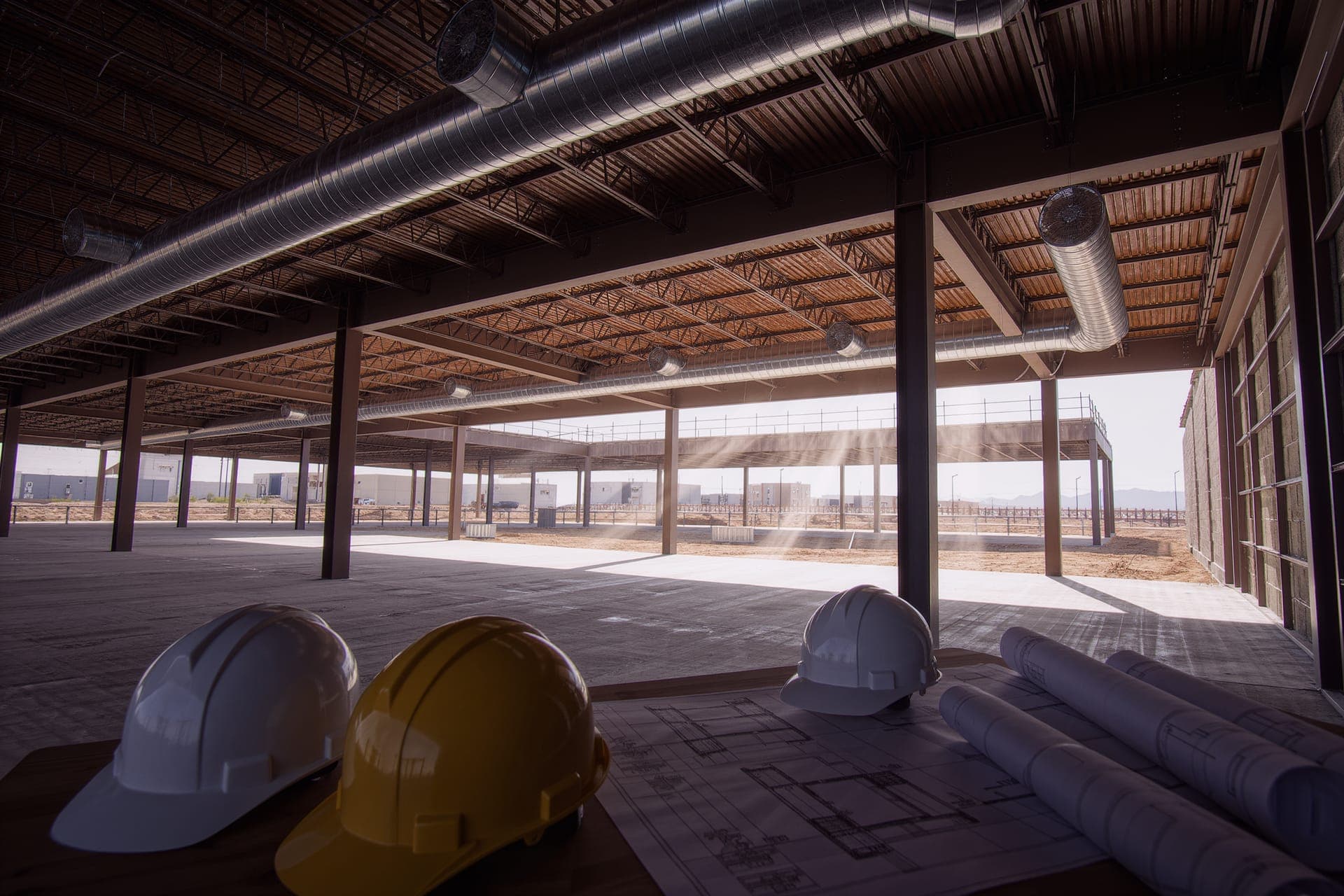 Spiral ductwork installed in a commercial building under construction