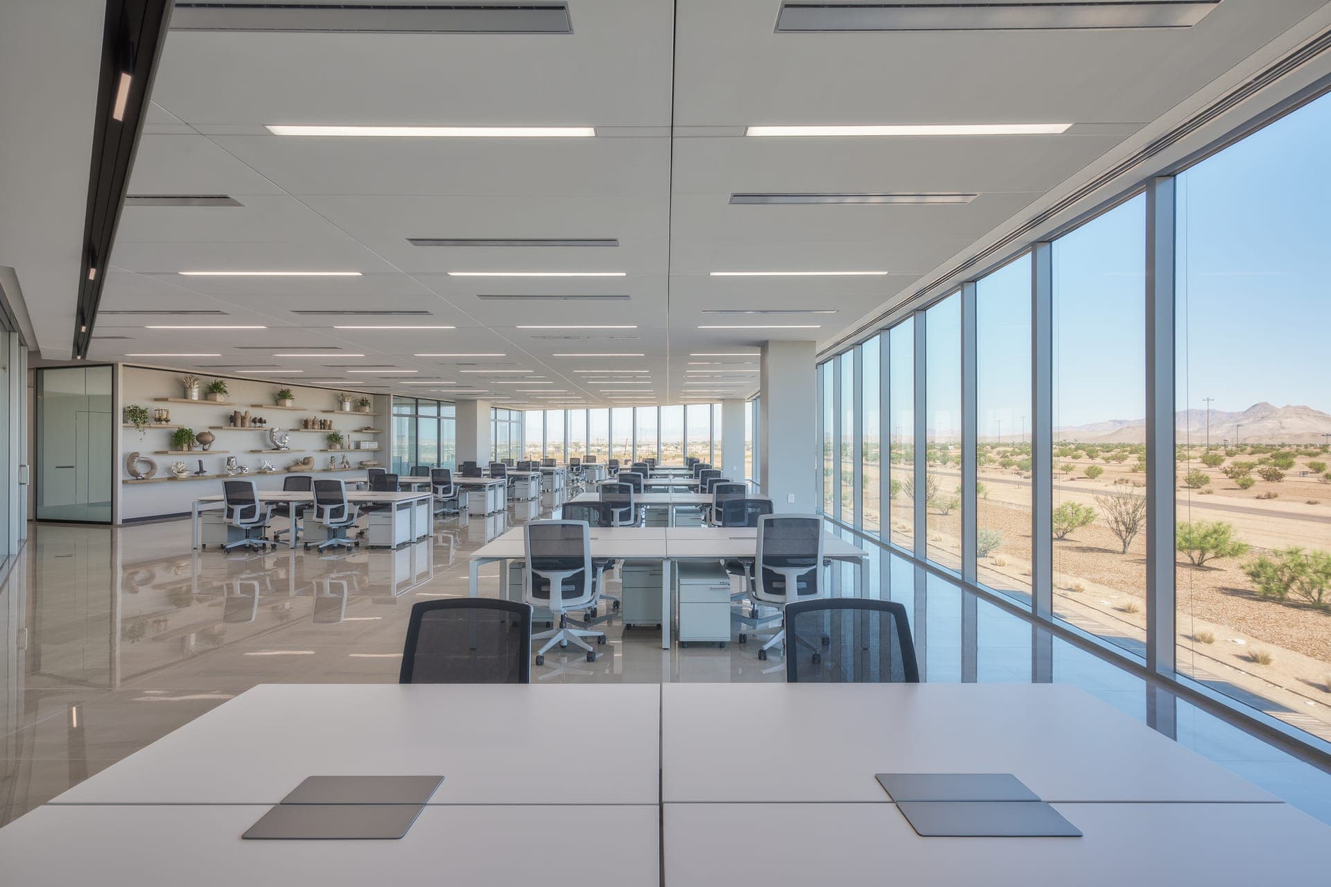 Clean ceiling diffusers delivering balanced air in a modern office