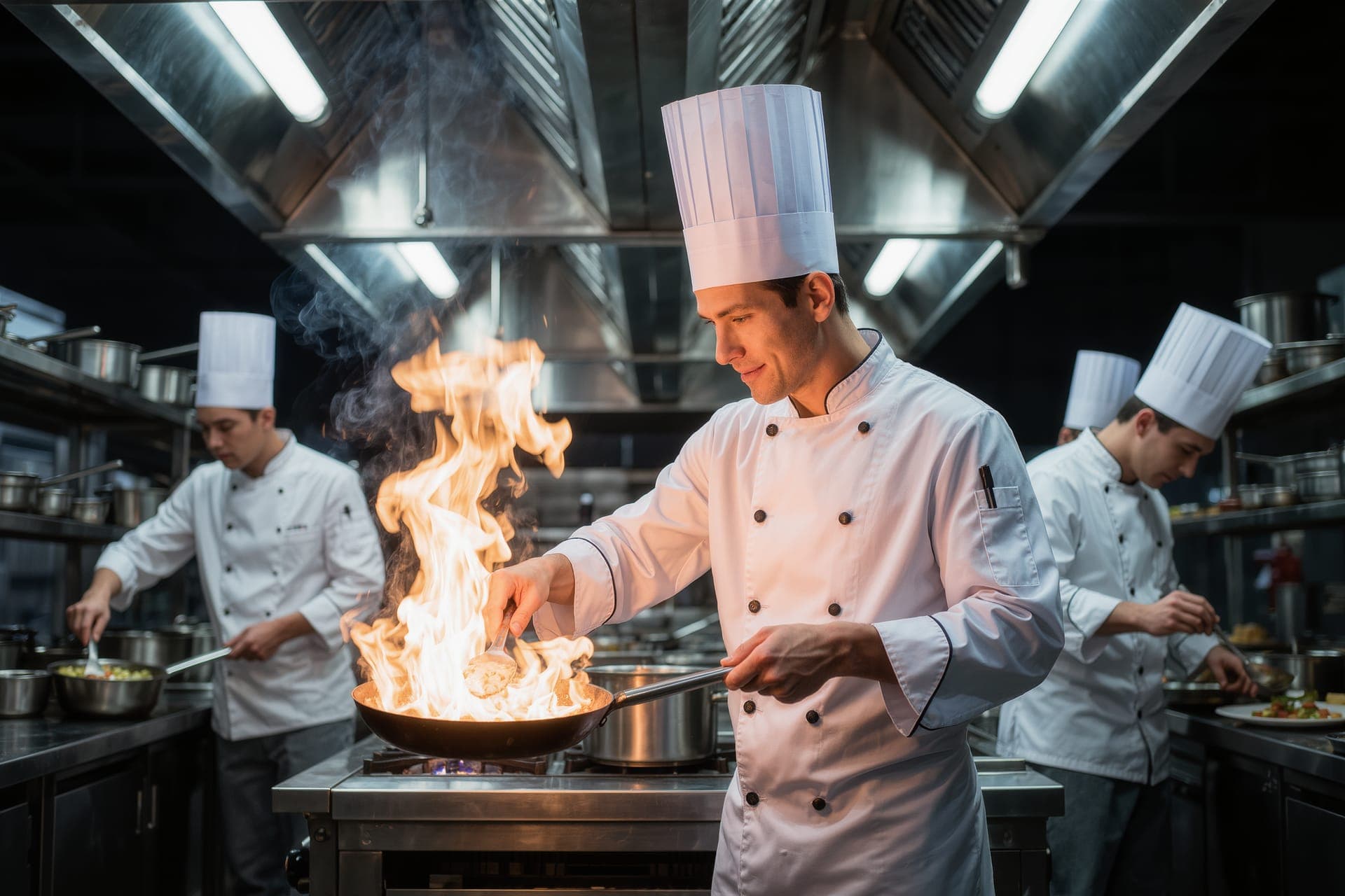 Chefs working under a commercial exhaust hood in a busy Phoenix restaurant