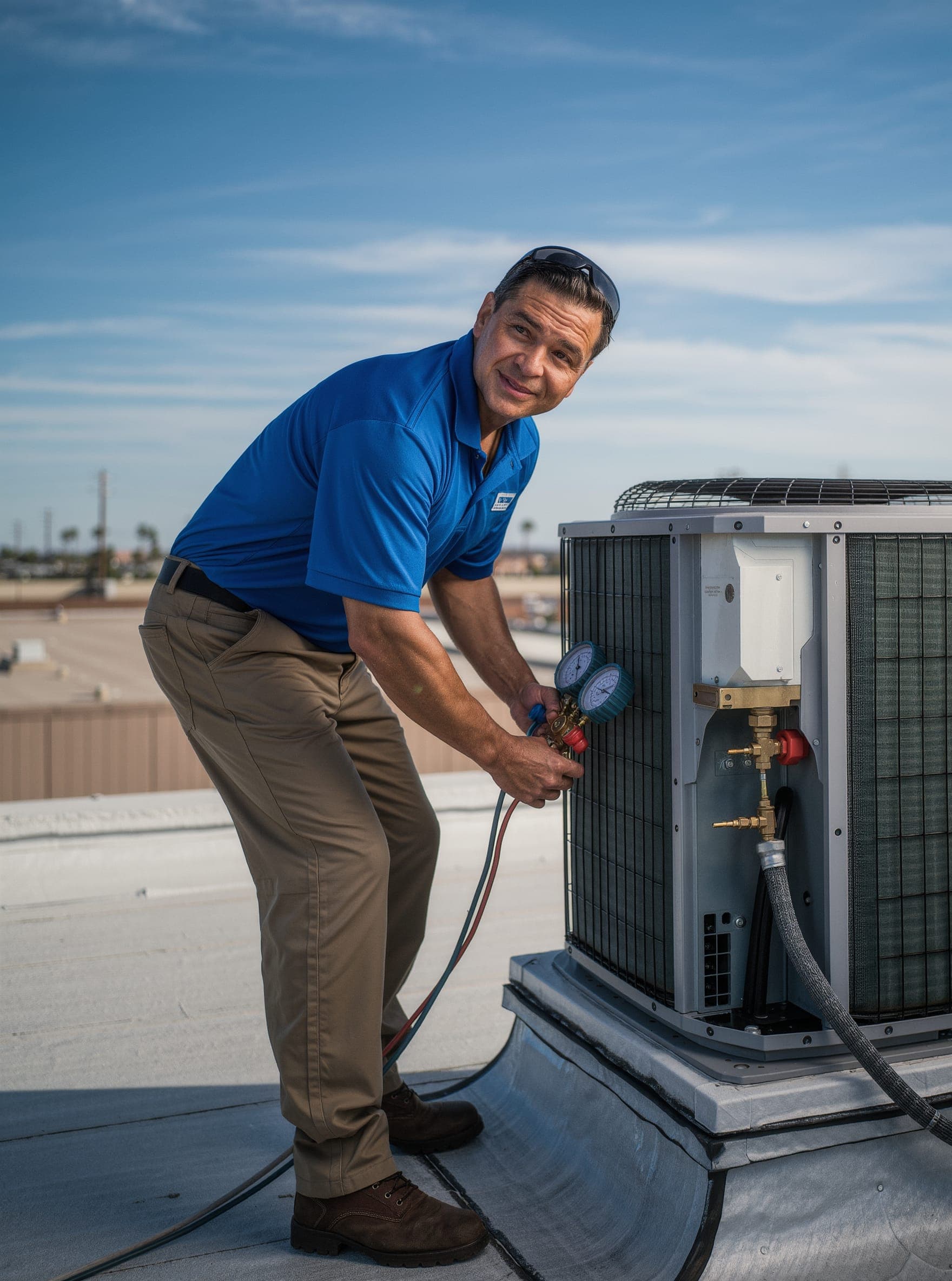 Technician performing preventive maintenance on a rooftop unit